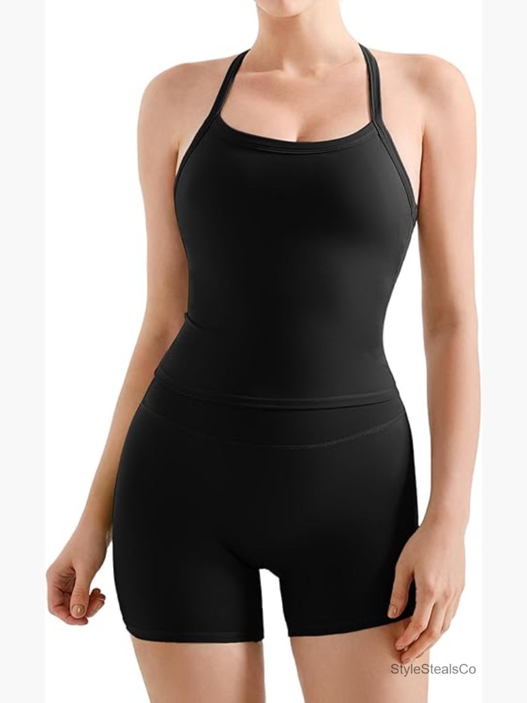 Medium Workout Set High Waisted Tummy Control Biker Shorts Halter Tank